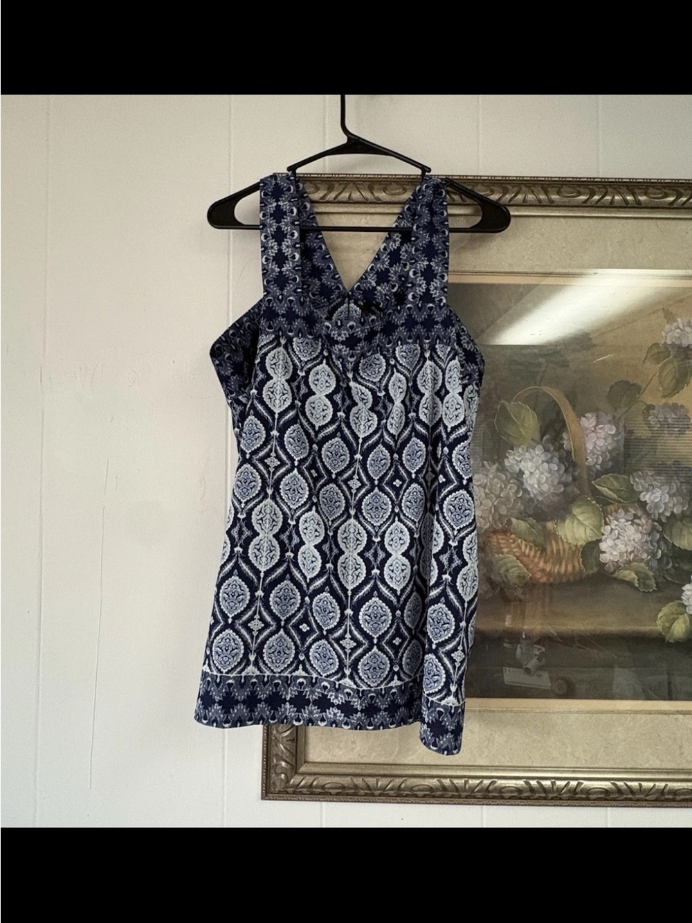 Ivanka Trump Navy and White Patterned Tank Top